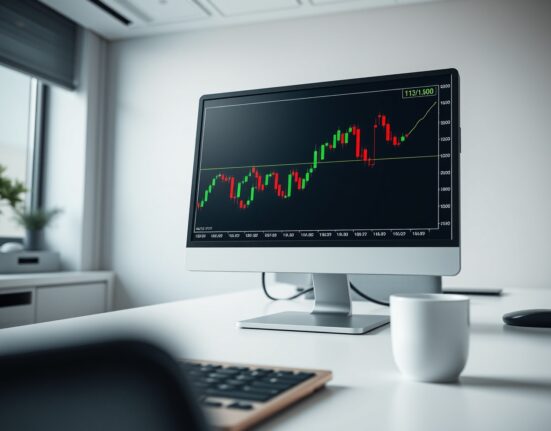 AUD/JPY candlestick chart on a trading monitor showing price near 112.00 level