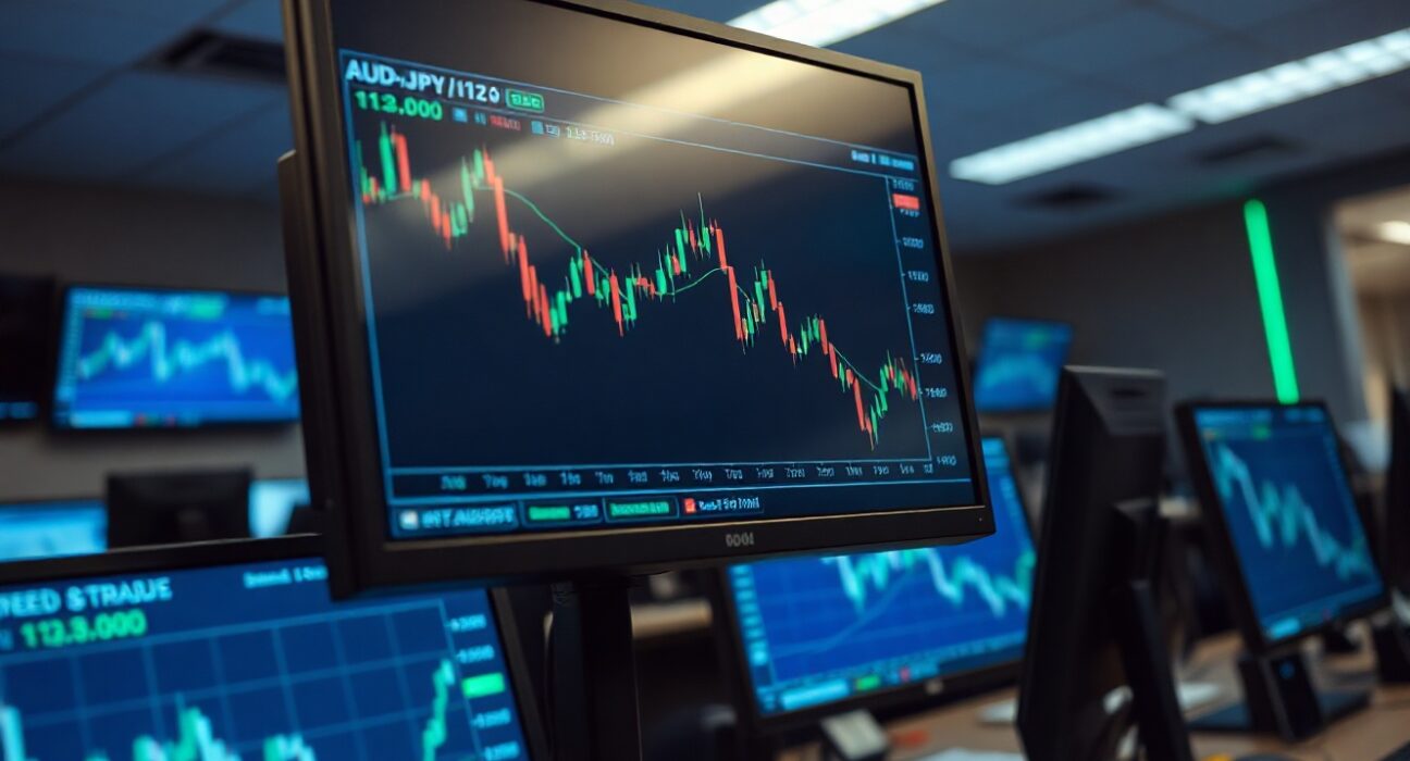 Forex trading desk with AUD/JPY chart showing price near 113.00 level
