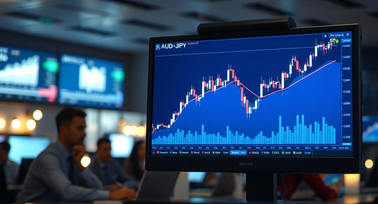 AUD/JPY candlestick chart on a monitor in a forex trading newsroom