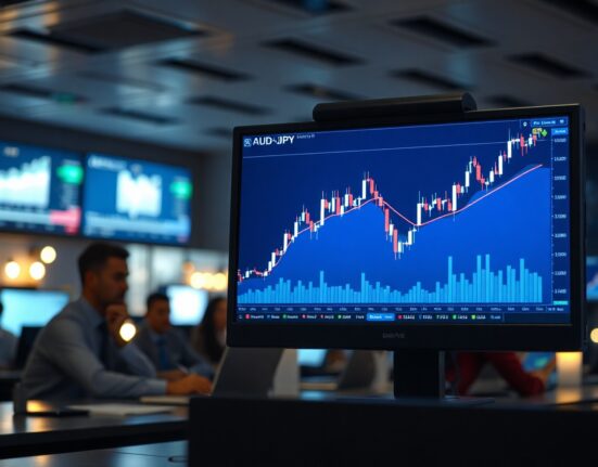 AUD/JPY candlestick chart on a monitor in a forex trading newsroom