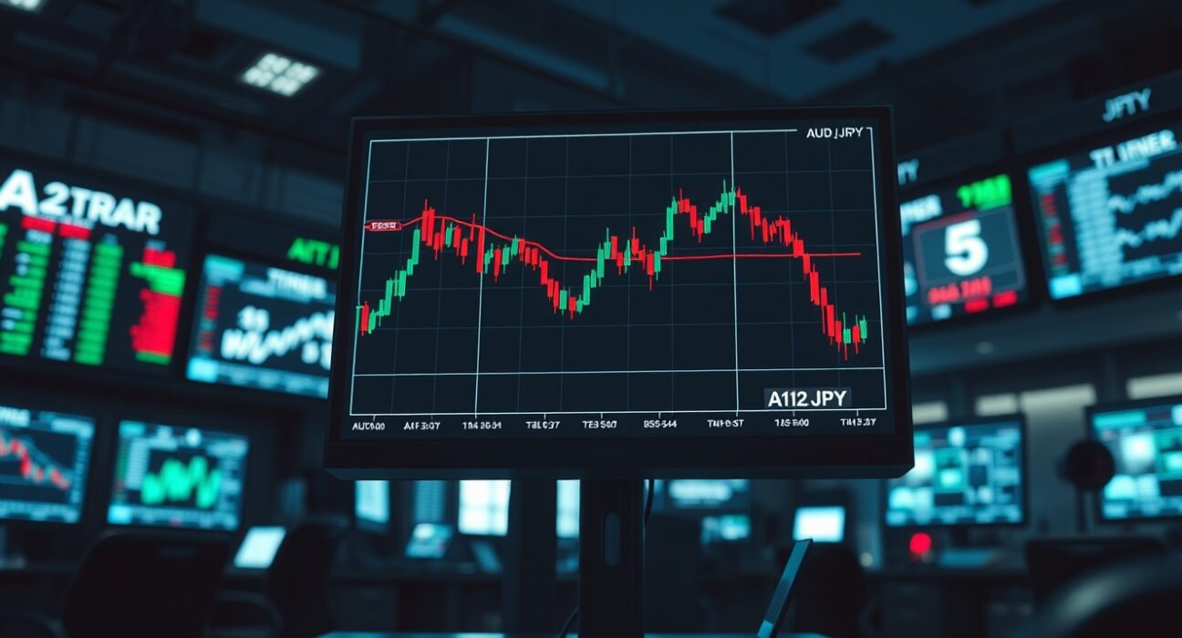 AUD/JPY candlestick chart showing price decline below 112.50 on a trading monitor