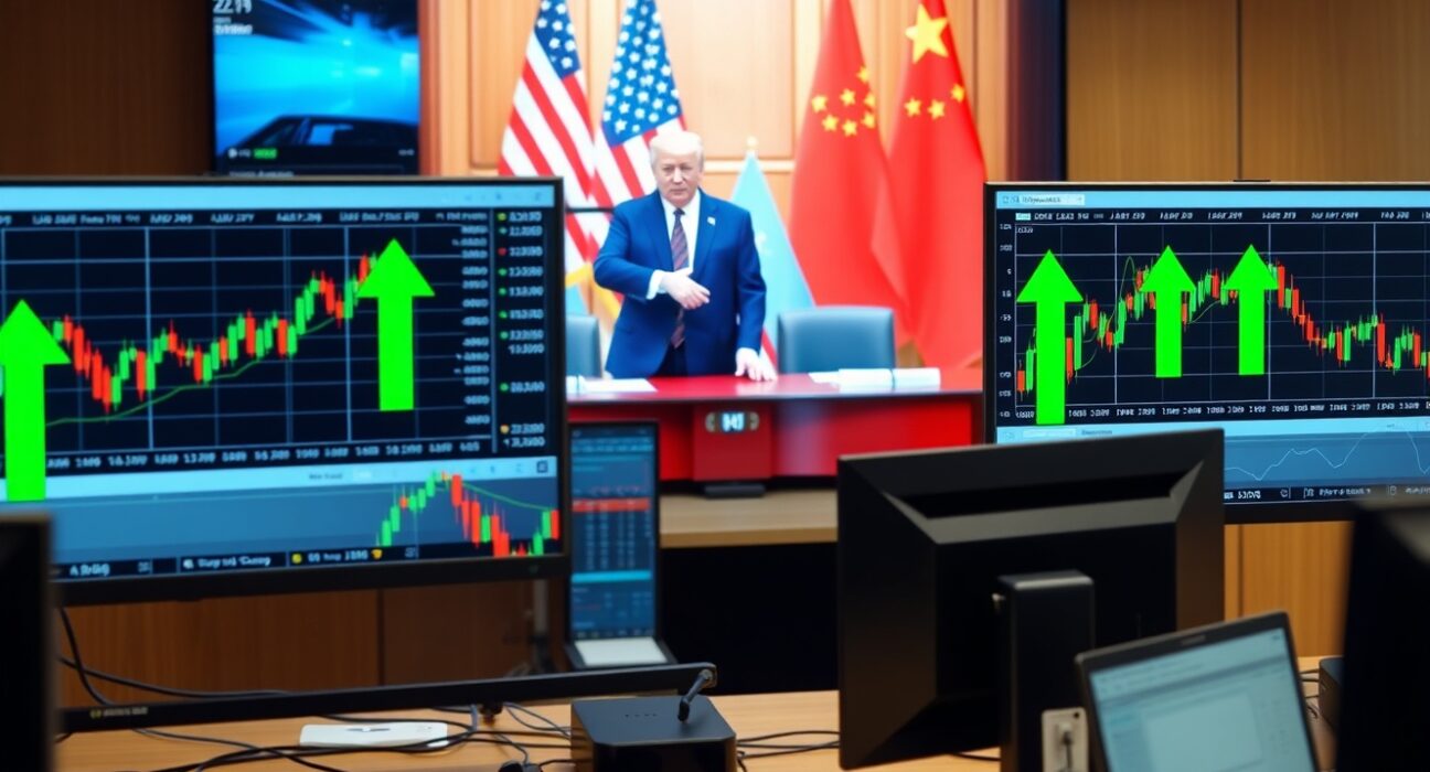 Forex trading desk with AUD/JPY bullish chart and Trump-Xi meeting on screen