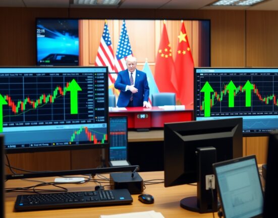 Forex trading desk with AUD/JPY bullish chart and Trump-Xi meeting on screen