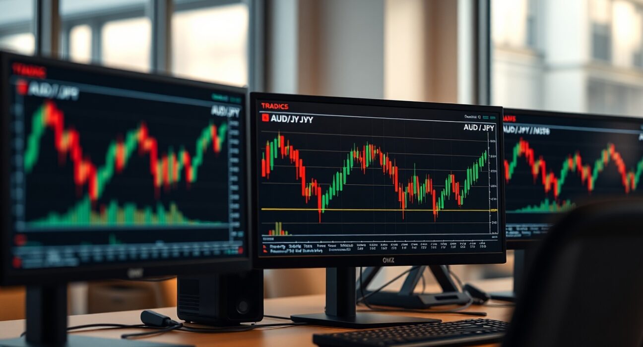 Forex trading desk with AUD/JPY charts on monitors showing price action near 113.50