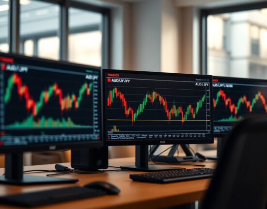 Forex trading desk with AUD/JPY charts on monitors showing price action near 113.50