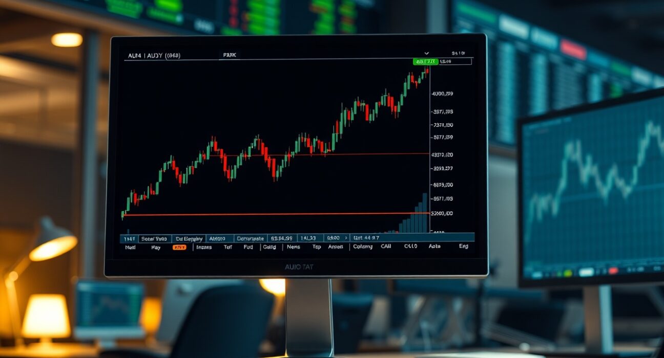 AUD/JPY candlestick chart with upward trend line on a trading monitor in a dimly lit office