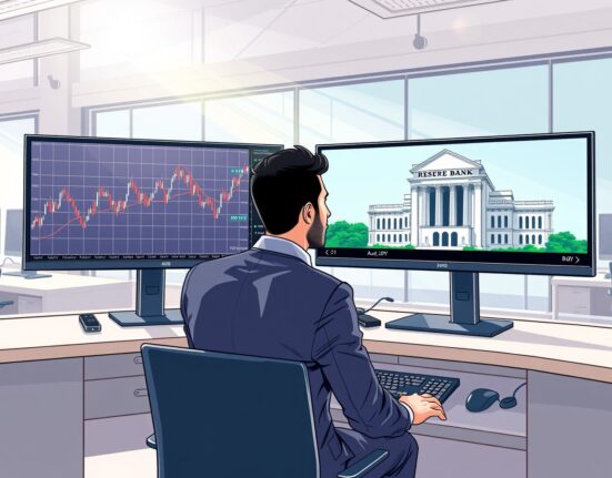 Financial analyst reviewing AUD/JPY currency pair charts with Reserve Bank of Australia and Bank of Japan references