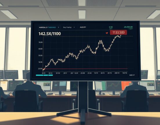 Trading terminal showing AUD/JPY currency pair hitting a record high above 113.50.