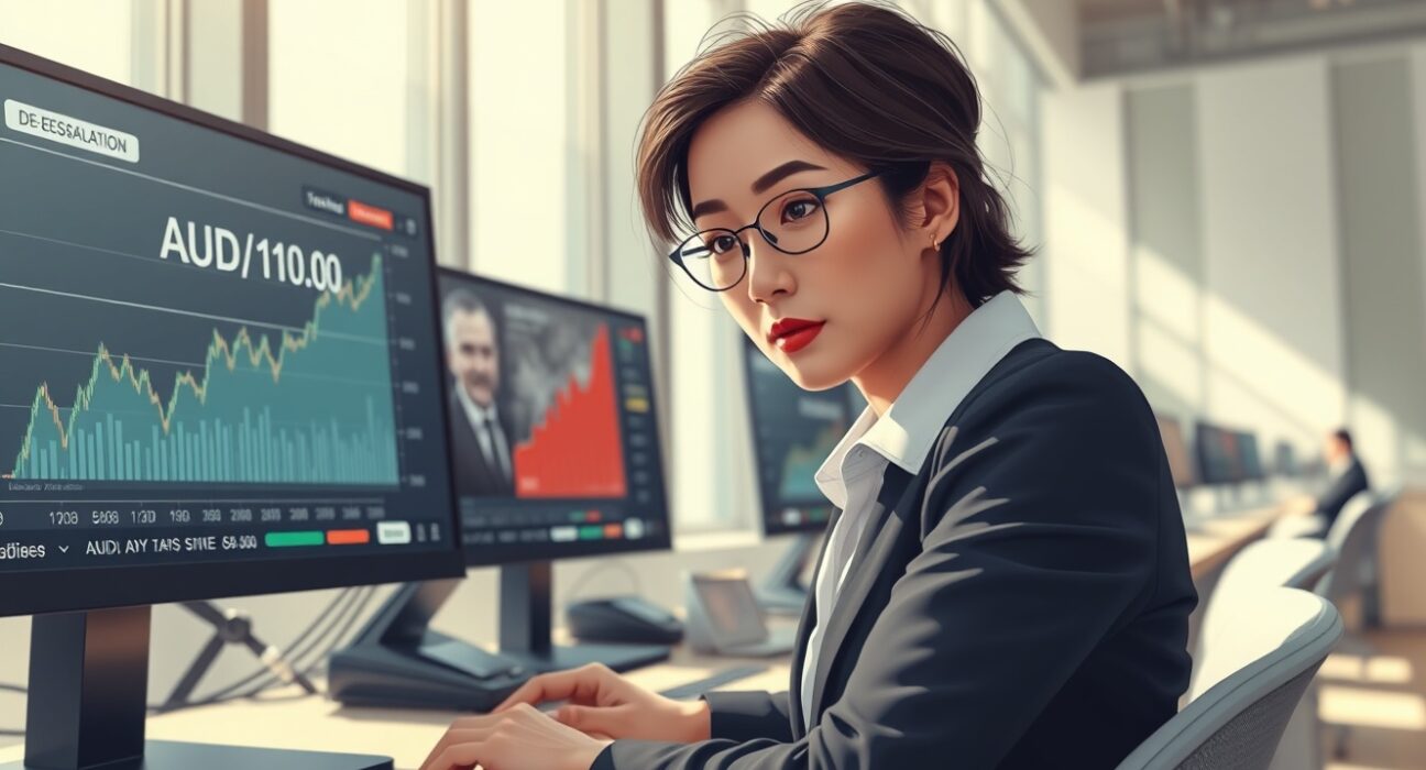 Financial analyst monitoring AUD/JPY surge to 110.00 amid easing Middle East geopolitical tensions.