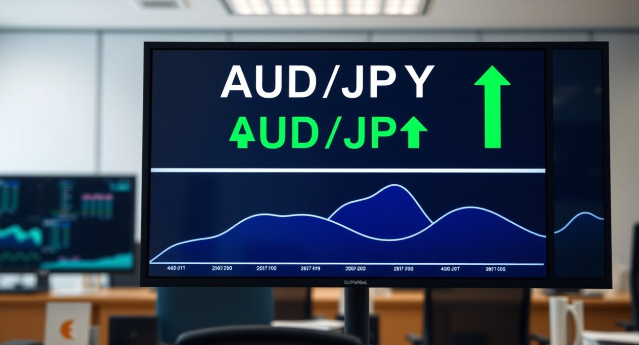 AUD/JPY exchange rate board showing a rise in a financial newsroom setting