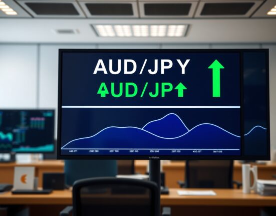 AUD/JPY exchange rate board showing a rise in a financial newsroom setting