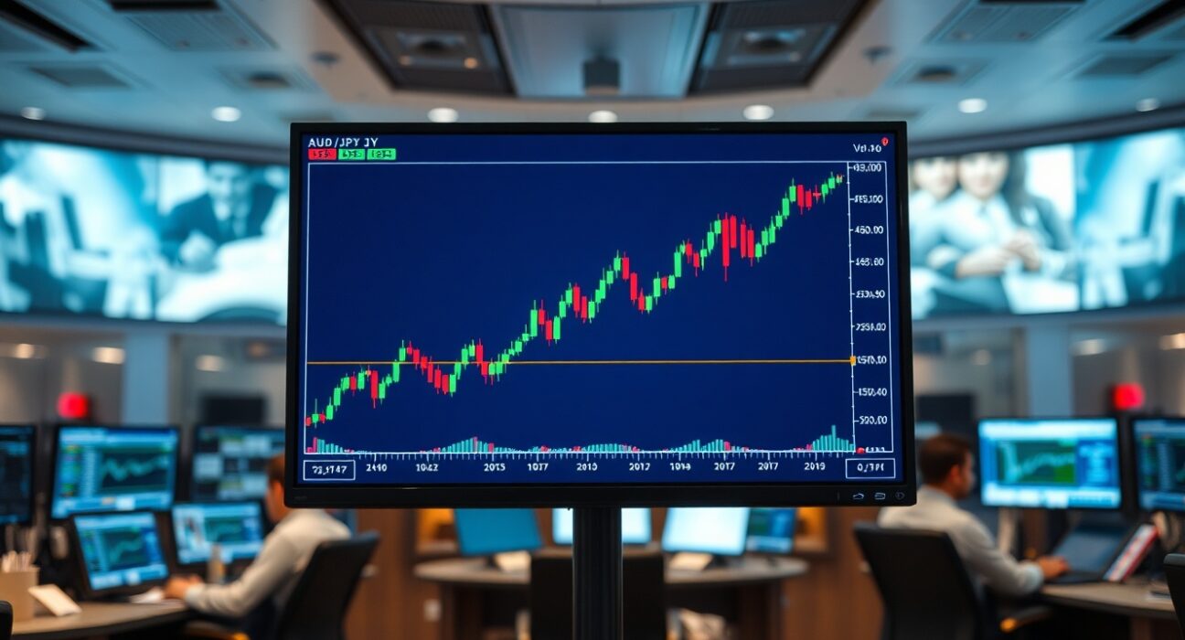 AUD/JPY forex chart showing upward trend on trading floor screen