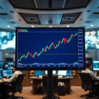 AUD/JPY forex chart showing upward trend on trading floor screen