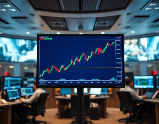 AUD/JPY forex chart showing upward trend on trading floor screen