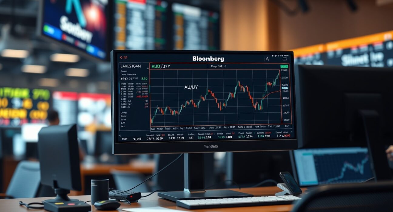 AUD/JPY currency pair chart showing an upward trend on a financial terminal, reflecting market reaction to US-Iran talks.