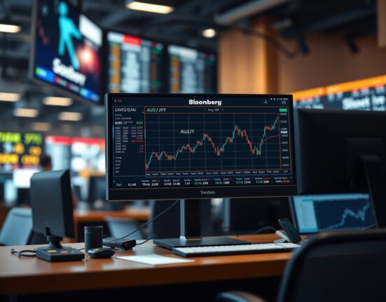 AUD/JPY currency pair chart showing an upward trend on a financial terminal, reflecting market reaction to US-Iran talks.