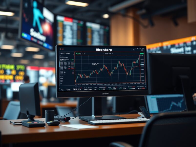 AUD/JPY currency pair chart showing an upward trend on a financial terminal, reflecting market reaction to US-Iran talks.