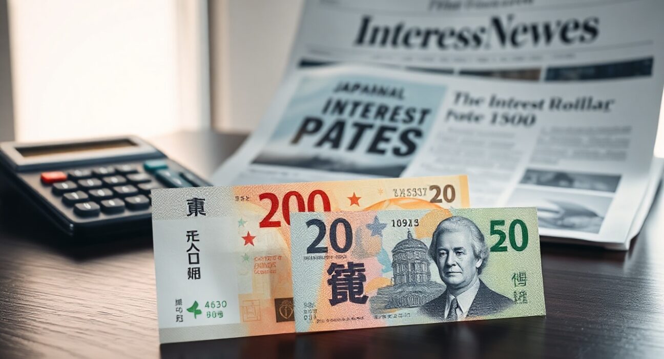 Japanese Yen and Australian Dollar banknotes on a desk with a calculator and financial newspaper