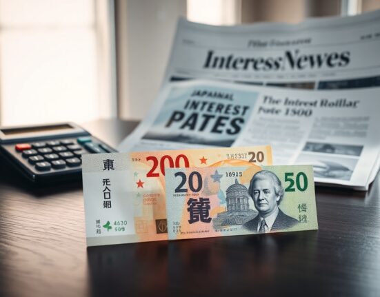 Japanese Yen and Australian Dollar banknotes on a desk with a calculator and financial newspaper
