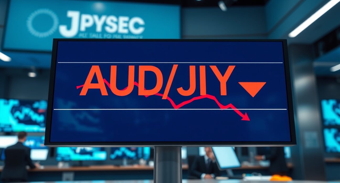 AUD/JPY forex pair trading screen showing decline against Japanese Yen on a financial market display board.