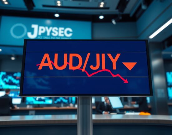 AUD/JPY forex pair trading screen showing decline against Japanese Yen on a financial market display board.