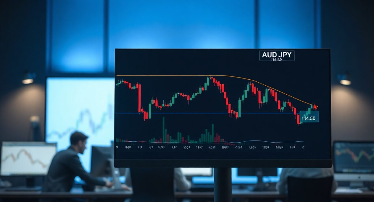 AUD/JPY candlestick chart on a trading screen near the 114.50 level with traders in background.