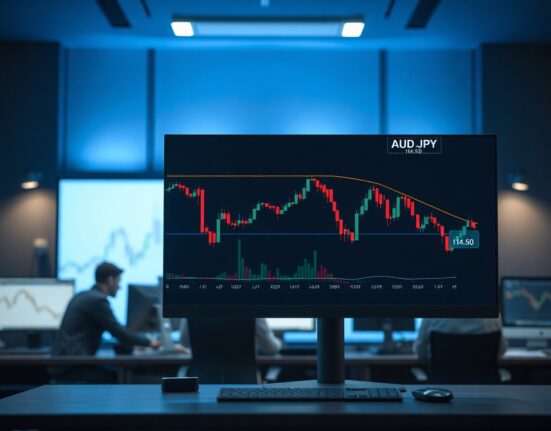AUD/JPY candlestick chart on a trading screen near the 114.50 level with traders in background.