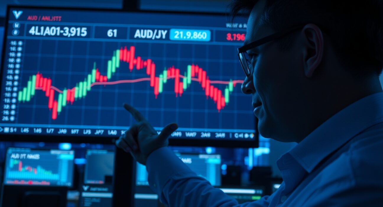 Financial analyst pointing at a downward AUD/JPY candlestick chart on a trading floor monitor