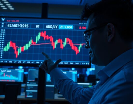 Financial analyst pointing at a downward AUD/JPY candlestick chart on a trading floor monitor