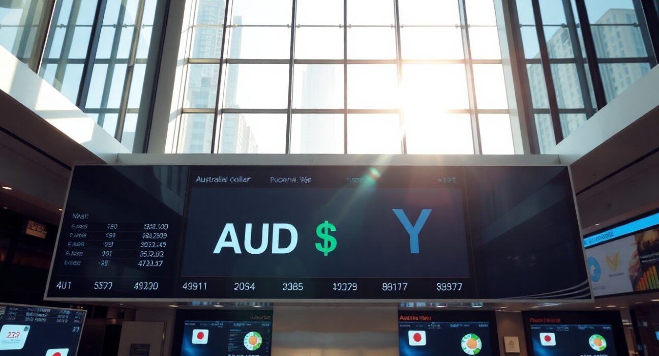 Digital currency exchange board showing AUD/JPY rates in a Sydney financial district