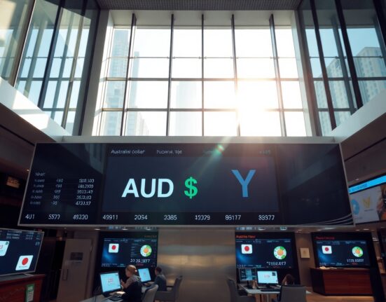 Digital currency exchange board showing AUD/JPY rates in a Sydney financial district