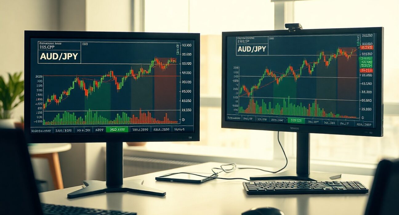 Forex trading monitors displaying AUD/JPY chart and economic data including CPI and BoJ news.
