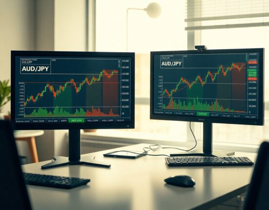 Forex trading monitors displaying AUD/JPY chart and economic data including CPI and BoJ news.