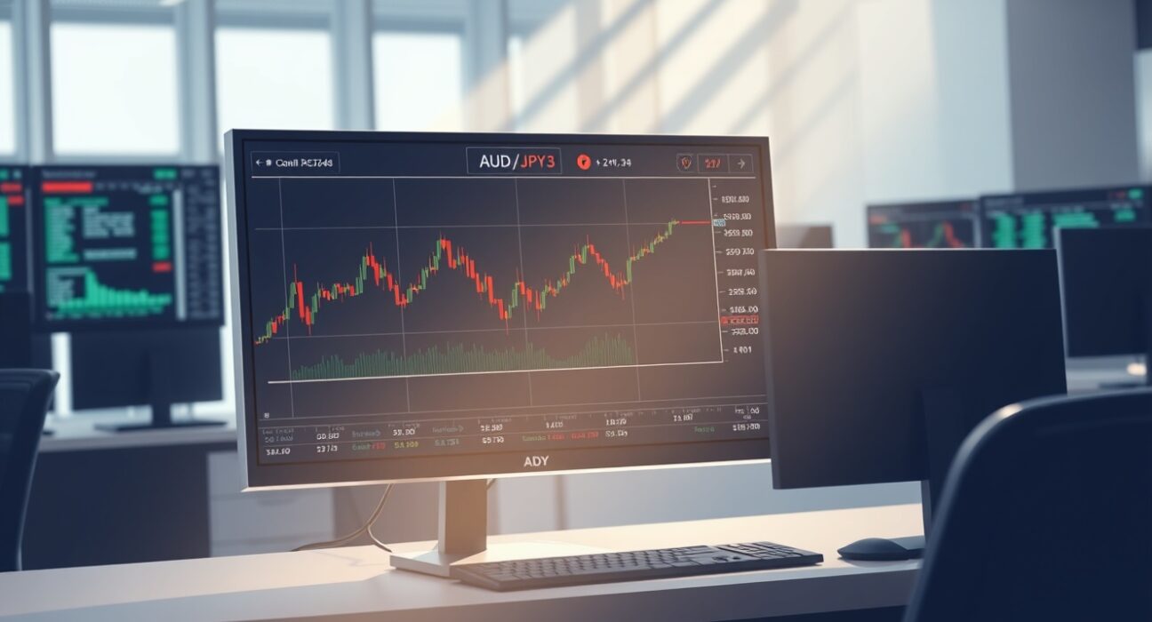 Forex trading chart showing AUD/JPY currency pair analysis with economic data indicators.