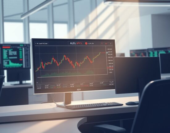 Forex trading chart showing AUD/JPY currency pair analysis with economic data indicators.