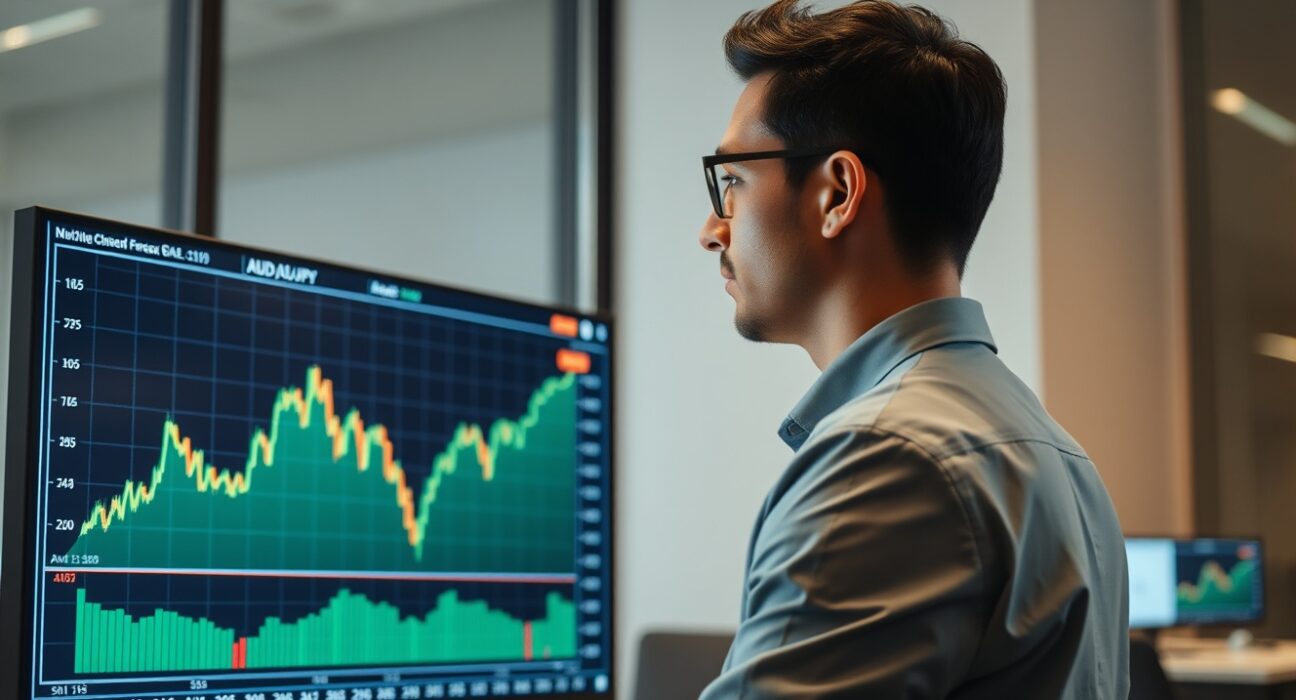 Financial analyst monitoring AUD/JPY forex chart with upward trend on trading screen