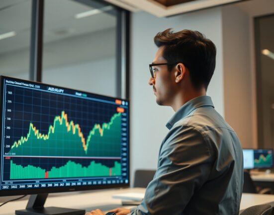 Financial analyst monitoring AUD/JPY forex chart with upward trend on trading screen