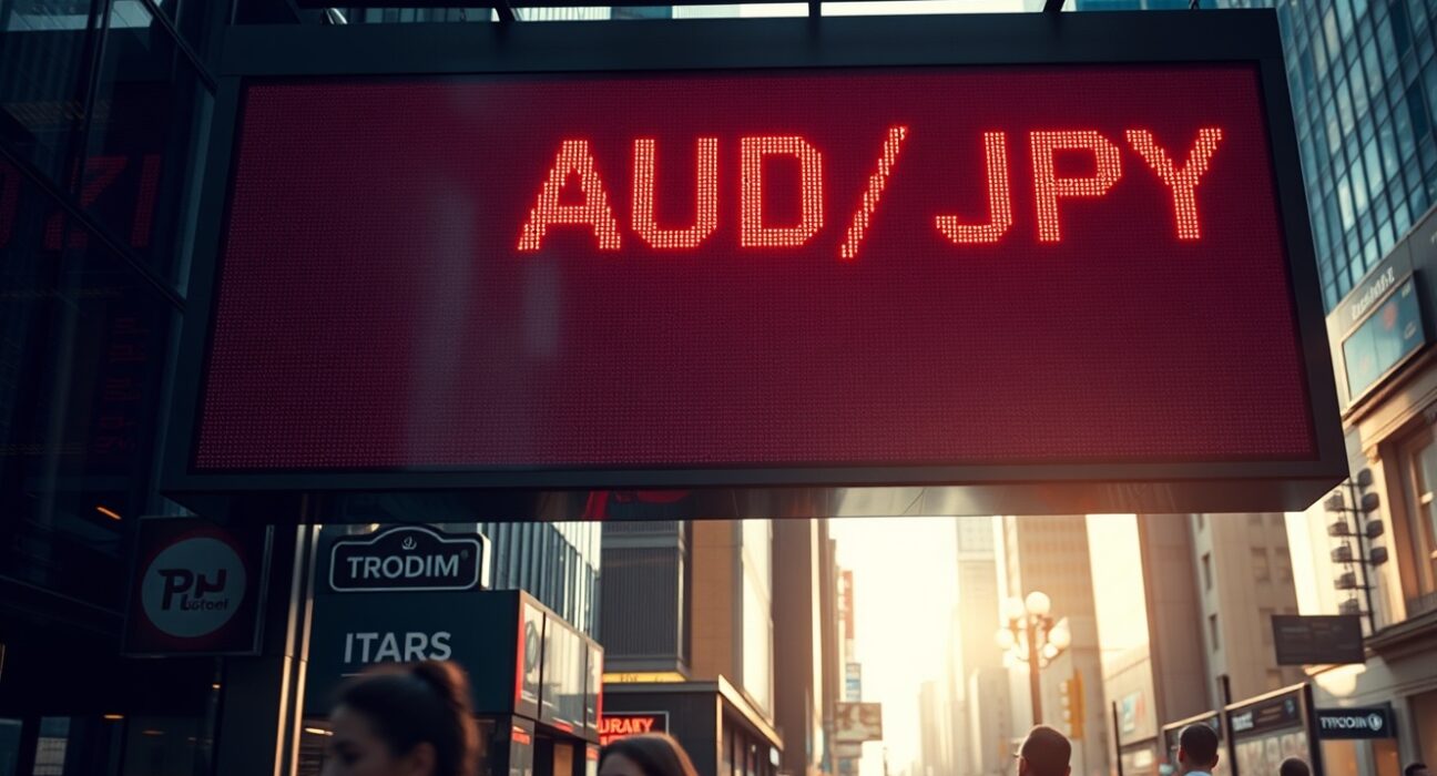Digital currency exchange board showing AUD/JPY rate decline in a financial district at dusk