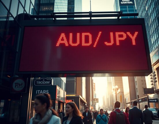 Digital currency exchange board showing AUD/JPY rate decline in a financial district at dusk