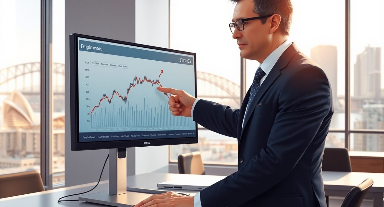 Financial analyst examining Australian employment data charts for AUD economic outlook analysis