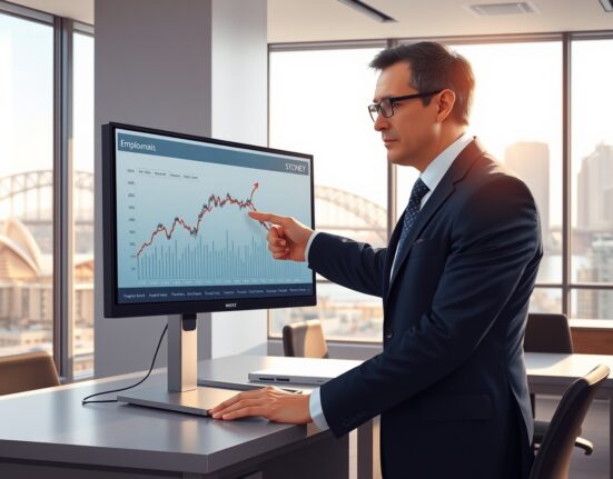 Financial analyst examining Australian employment data charts for AUD economic outlook analysis