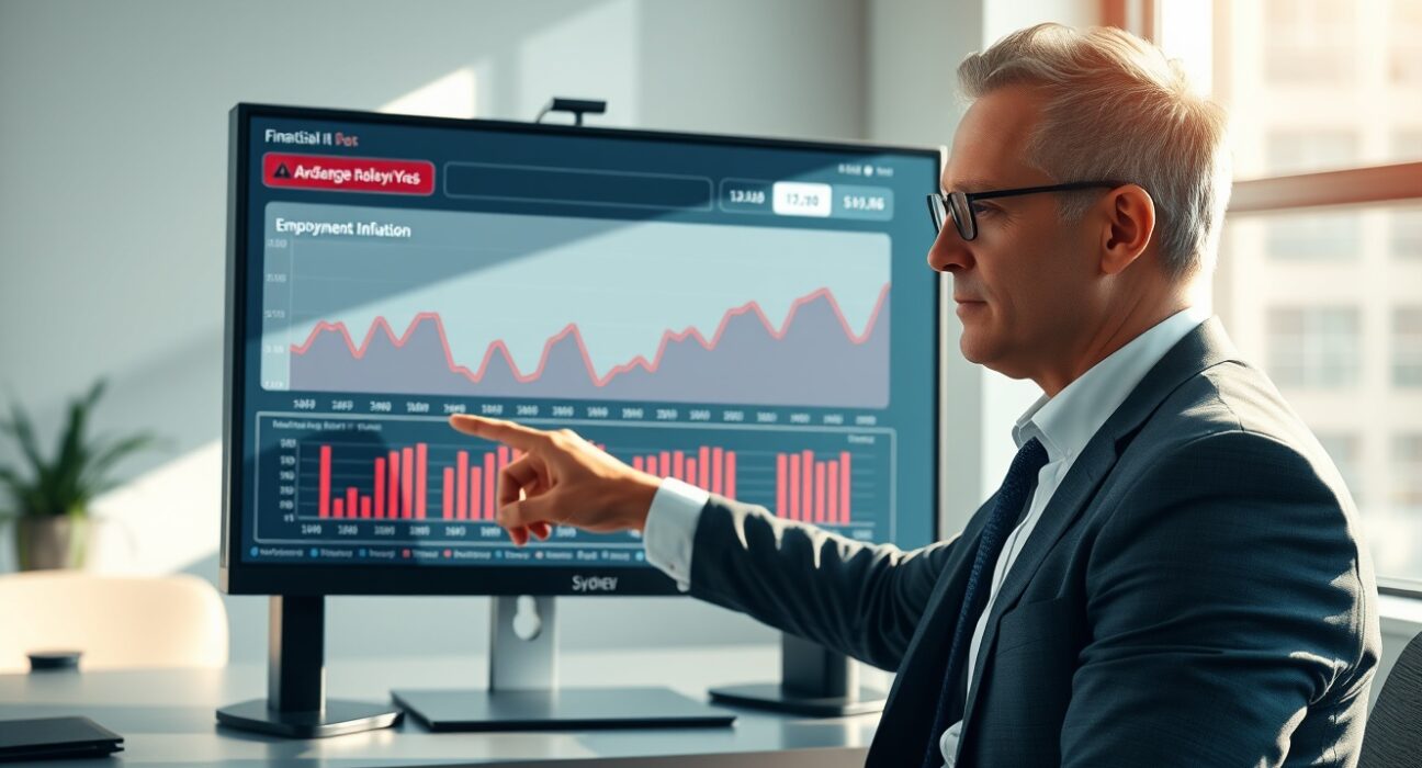 Financial analyst reviewing Australian labor market and inflation data charts for RBA policy assessment