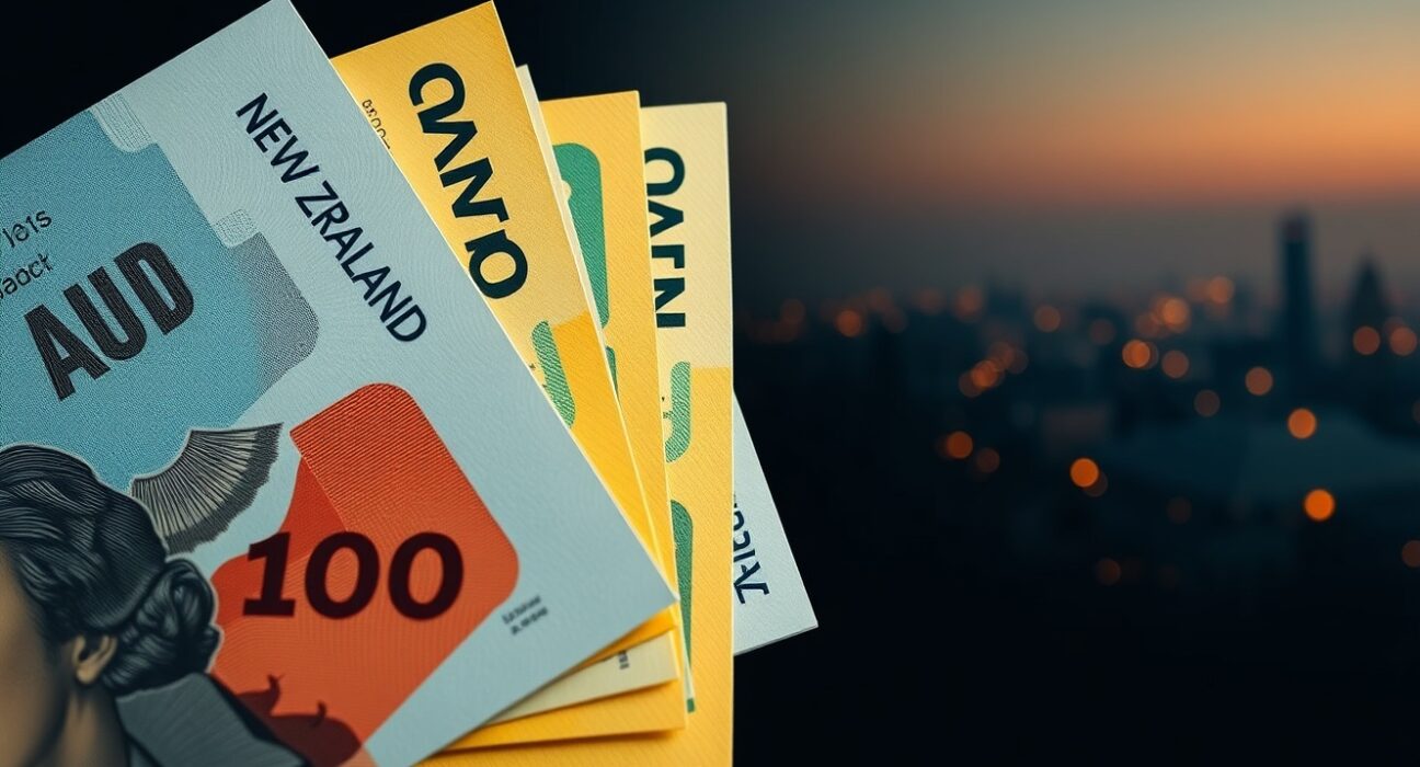 AUD/NZD currency pair analysis with Middle East conflict context showing Australian and New Zealand dollars.