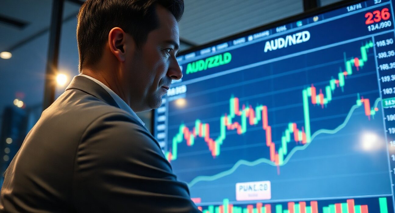 Financial analyst reviewing AUD/NZD forex charts on a digital screen in a modern office.
