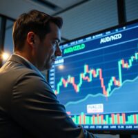 Financial analyst reviewing AUD/NZD forex charts on a digital screen in a modern office.