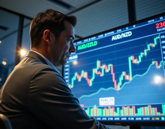 Financial analyst reviewing AUD/NZD forex charts on a digital screen in a modern office.