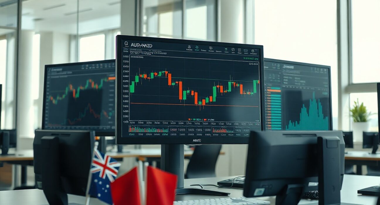 Trading screen showing AUD/NZD exchange rate chart after RBA decision