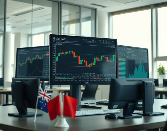 Trading screen showing AUD/NZD exchange rate chart after RBA decision