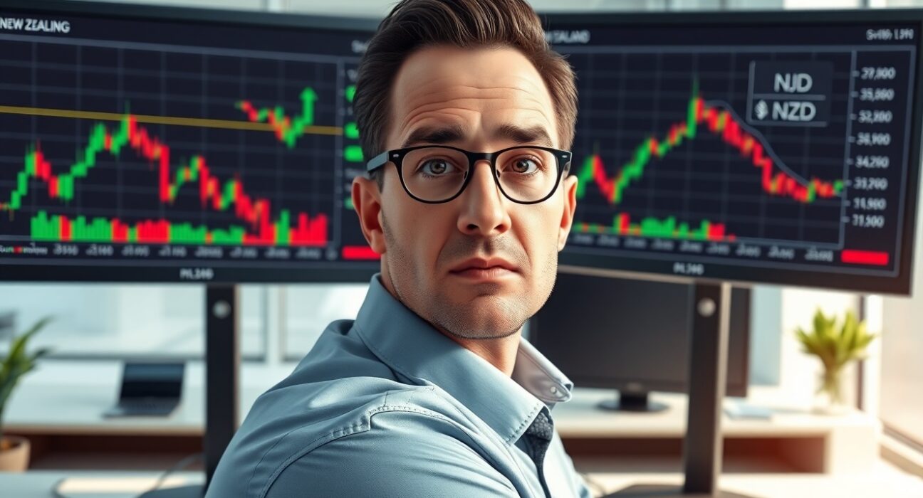 Financial analyst examining AUD/NZD currency divergence charts in professional trading environment