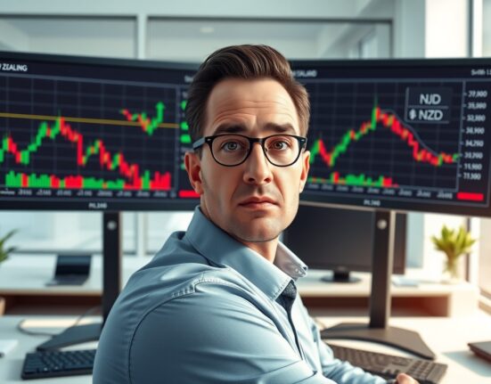 Financial analyst examining AUD/NZD currency divergence charts in professional trading environment